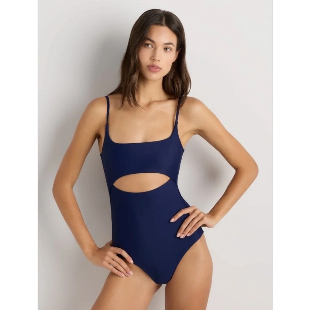 NEW Quince Italian Cut-Out One-Piece Swimsuit Navy Blue Size Large Beach Pool